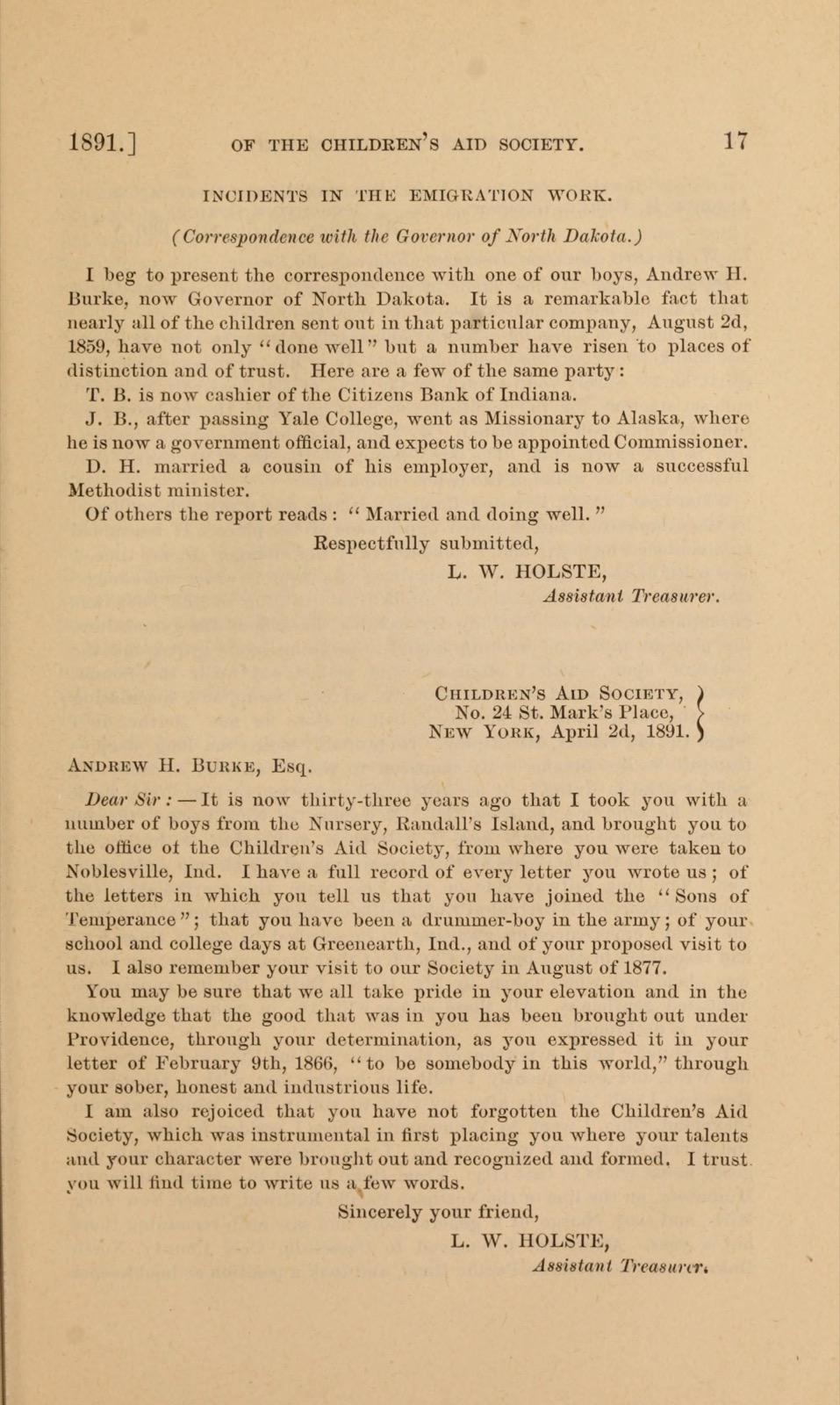 Printed page 17 of the 1891 Children's Aid Society report: Incidents in the Emigration Work, Correspondence with the Governor of North Dakota, a note naming the company sent out August 2d, 1859 with members listed only by initials, and a letter dated April 2d, 1891 to Andrew H. Burke, Esq., mentioning Randall's Island and Noblesville, Ind.