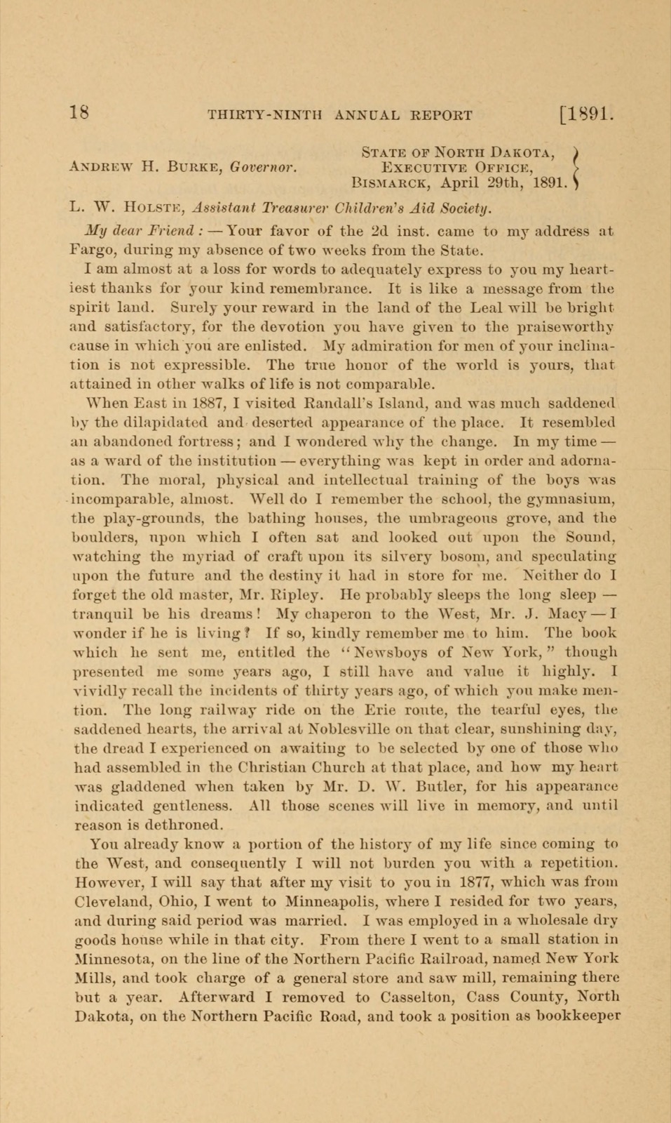 Printed page 18 of the same report: a letter headed State of North Dakota, Executive Office, Bismarck, April 29th, 1891, from Andrew H. Burke, Governor, describing Randall's Island, the long railway ride on the Erie route and the arrival at Noblesville where the children waited in the Christian Church