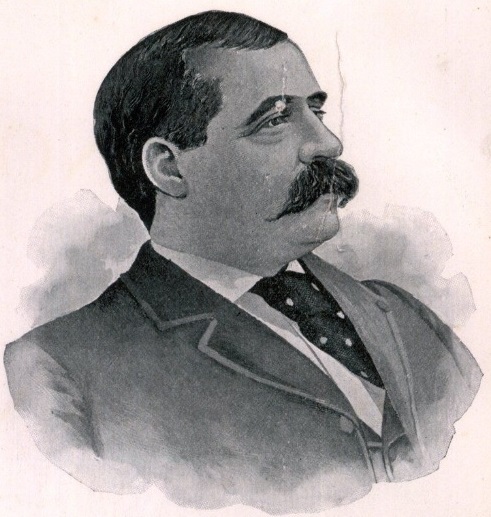 Engraved portrait of a middle-aged man with dark hair and a heavy moustache, in a dark coat and polka-dot tie, shown in profile