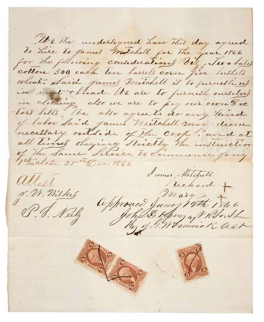 Handwritten one-page contract on lined paper beginning We the undersigned have this day agreed to hire, with three names at the foot, two followed by a cross, two witness signatures under the word Attest, an approval dated January 19th 1866, and three orange revenue stamps crossed with pen strokes near the bottom
