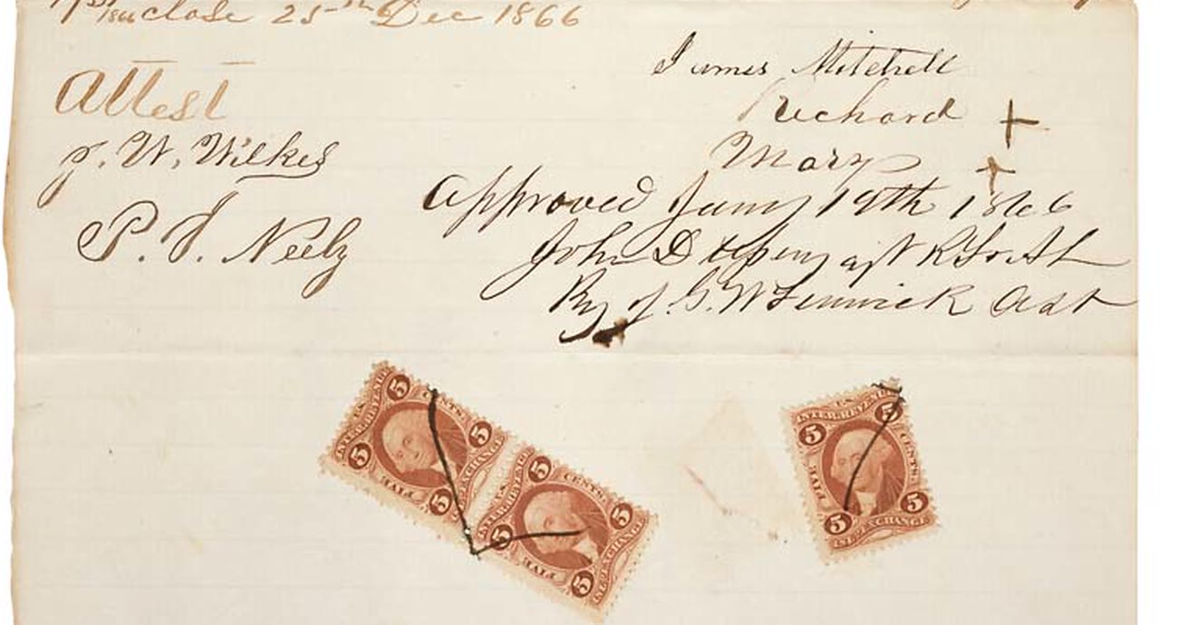 Lower part of the contract: an employer's signature, two first names each with a cross beside it, the word Attest above two witness signatures, the line Approved Jany 19th 1866 with two more signatures, and three five-cent Inland Exchange revenue stamps with pen cancellations