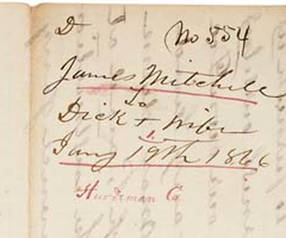 Docket on the back of the folded contract, turned to read upright: No 554, a man's name, the word to, a short first name and the word wife, Jany 19th 1866, underlined in red, and Hardeman Co in red ink, with the writing from the front showing faintly through the paper