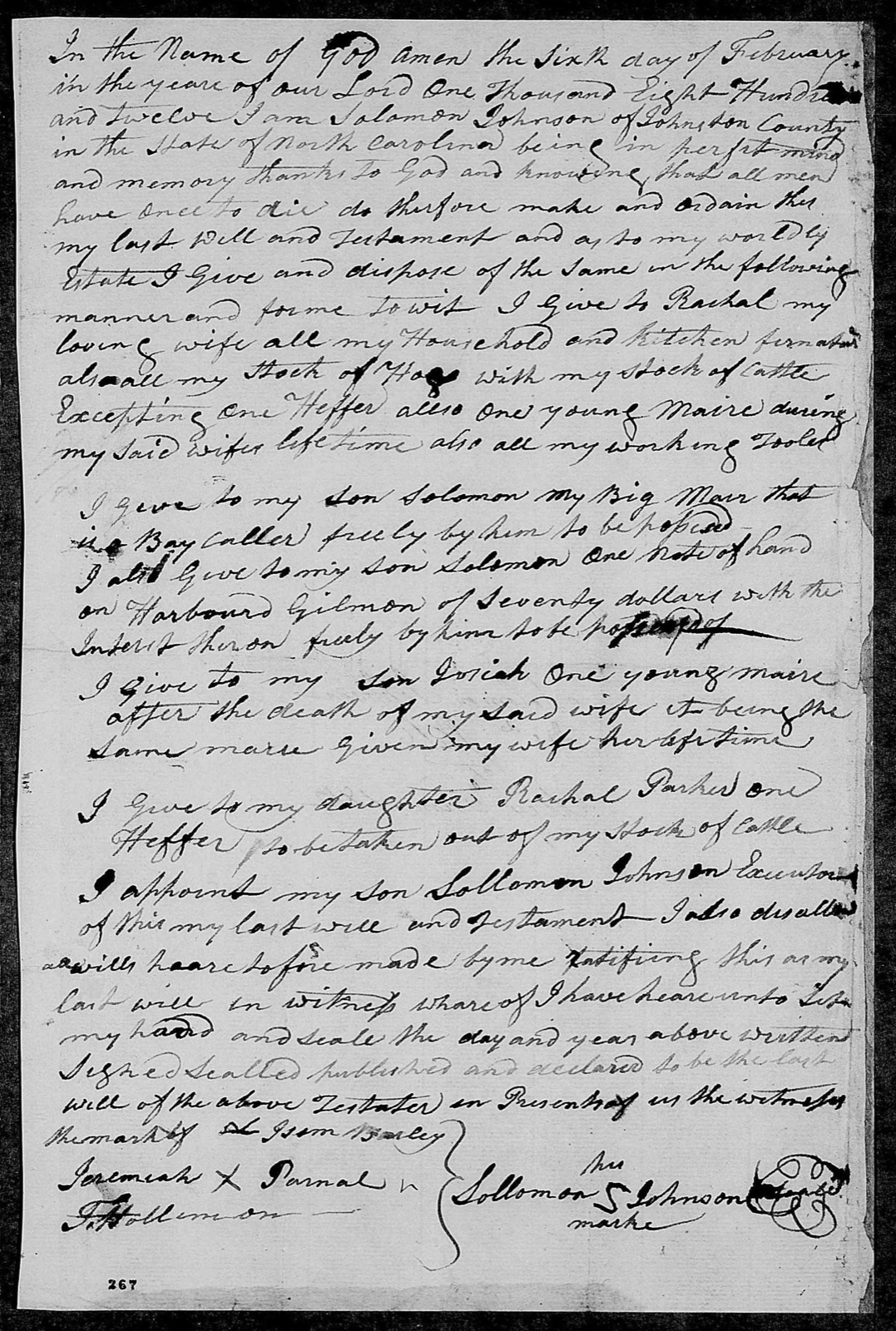 A full handwritten page: the will of Solomon Johnson, dated February 6, 1812, with witnesses on the lower left and his name and mark on the lower right