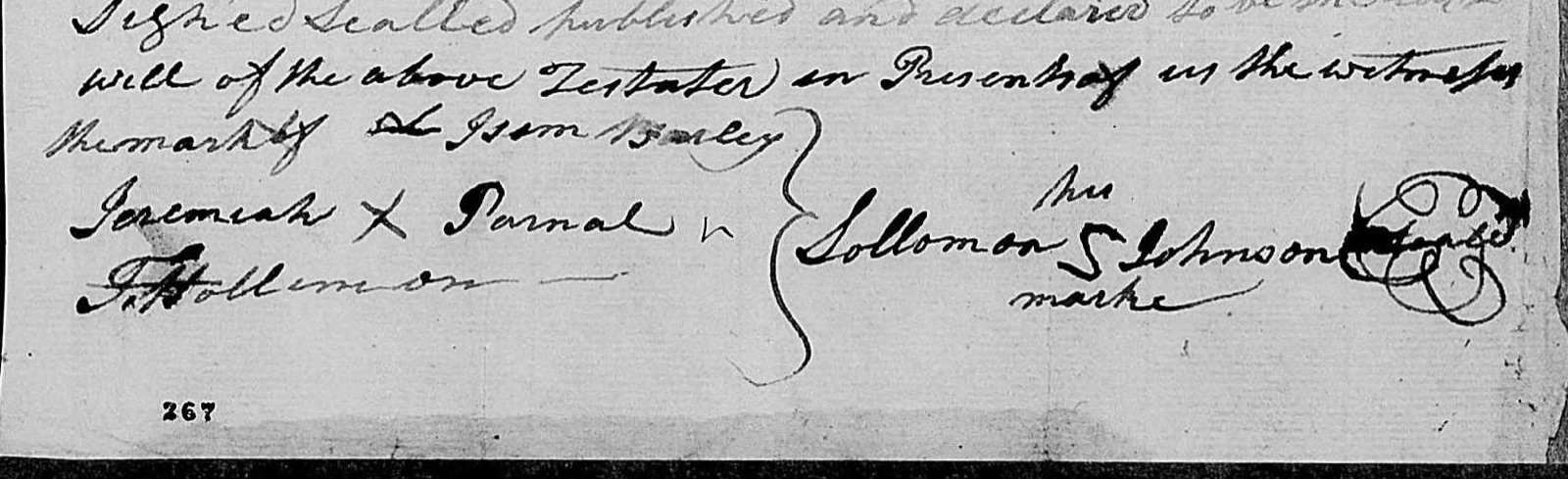 Signing lines: witnesses Isom Bailey by mark, Jeremiah X Parnal, F. Hollimon; on the right Sollomon, a mark, Johnson, with his above and marke below, and a scrawled seal