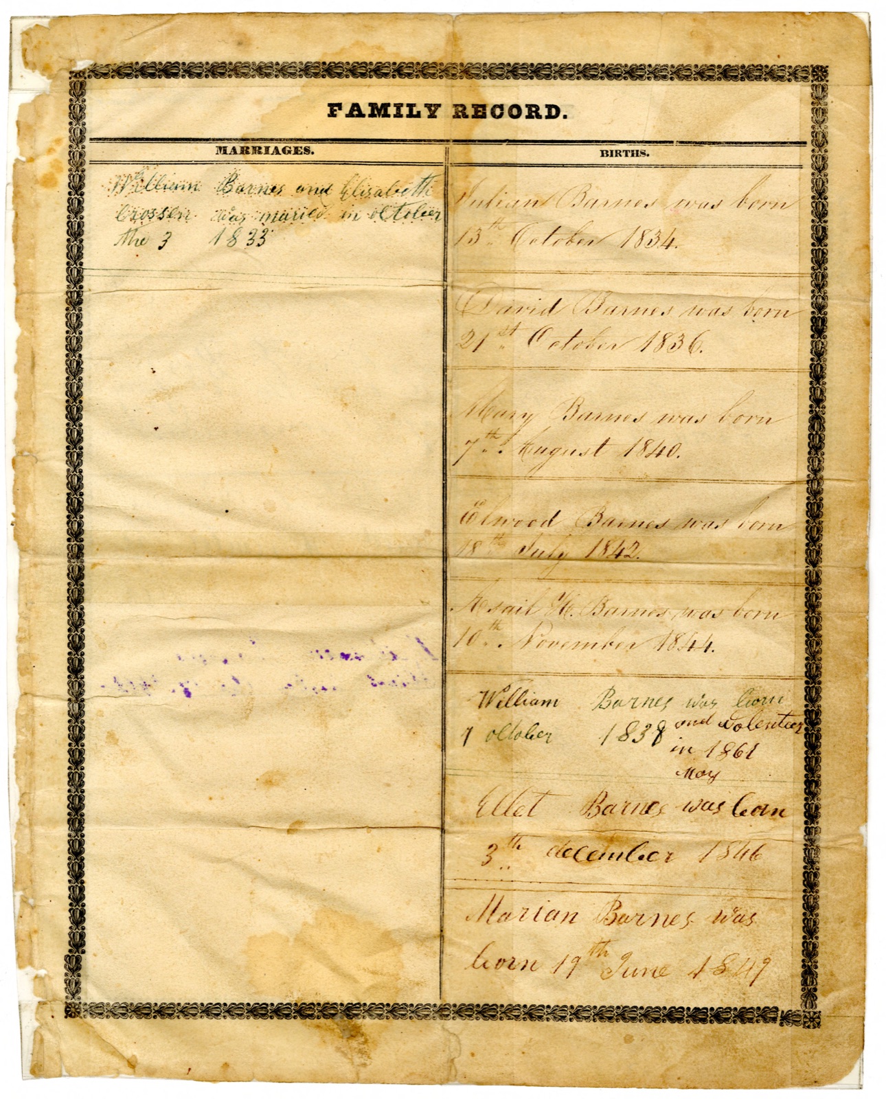 Printed Family Record page with Marriages and Births columns. Marriage: William Barnes and Elisabeth Crossen, October 3, 1833. Births of Julian, David, Mary, Elwood, Asail H., William, Ellet and Marian Barnes, 1834 to 1849.