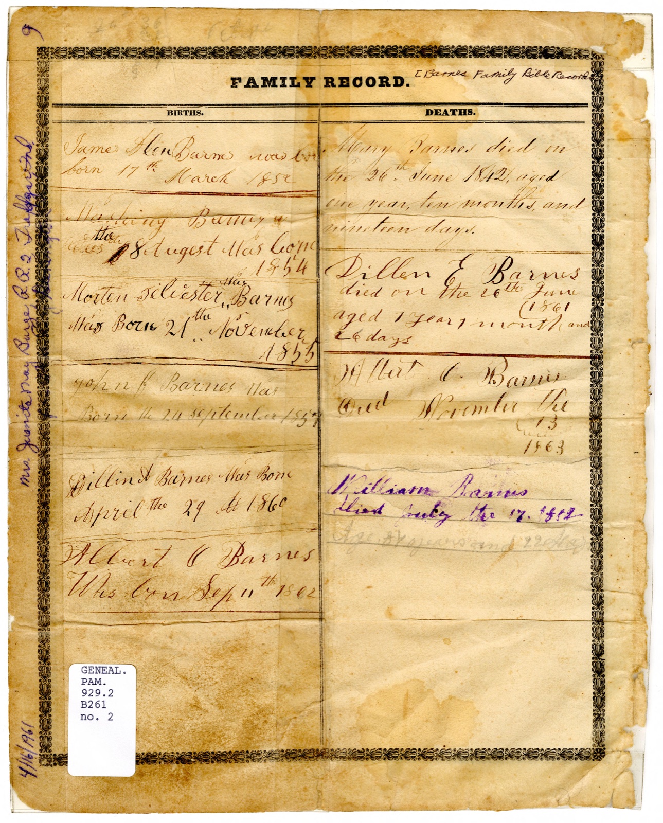 Printed Family Record page with Births and Deaths columns: births of James Alen, Washington, Morten Selvester, John J., Dillin E. and Albert C. Barnes, 1852 to 1862; deaths of Mary Barnes 1842, Dillen E. Barnes 1861, Albert C. Barnes 1863, and William Barnes in purple ink.