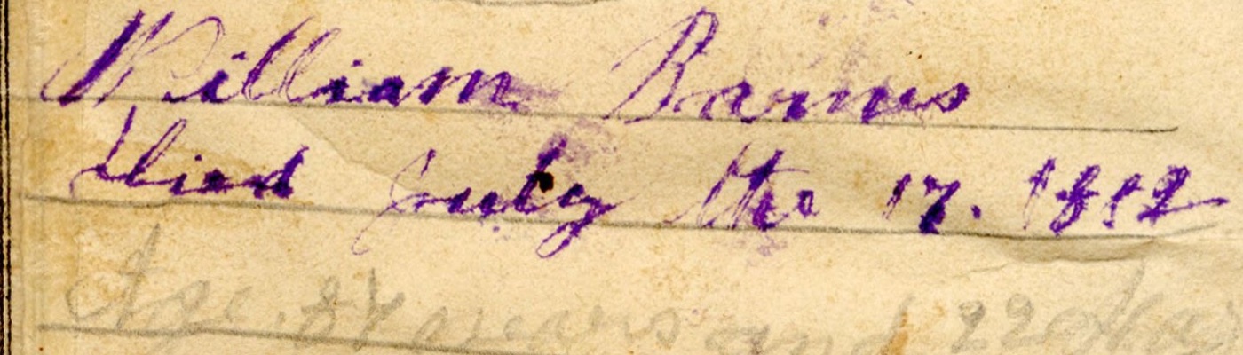 Close-up of a death entry in purple ink: William Barnes Died July the 17. 18?2, with a faint pencil line beneath reading Age 8? years and 22 days.