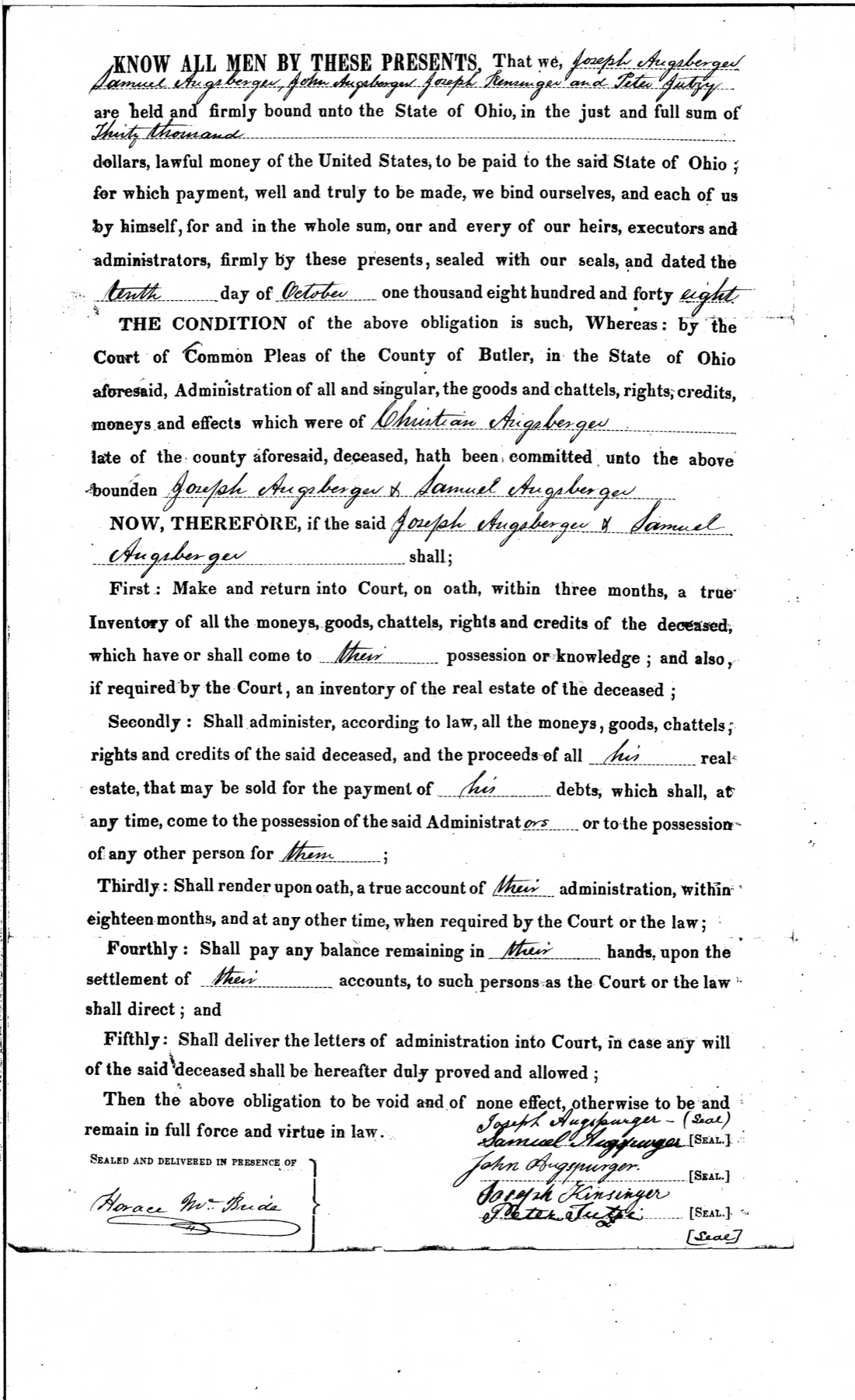 Printed administration bond beginning Know All Men By These Presents, filled in by hand: five men bound to the State of Ohio in the sum of thirty thousand dollars, dated the tenth day of October 1848, for the administration of the goods of Christian Augsberger, late of Butler County, deceased, with five signatures and seals at lower right and one witness at lower left