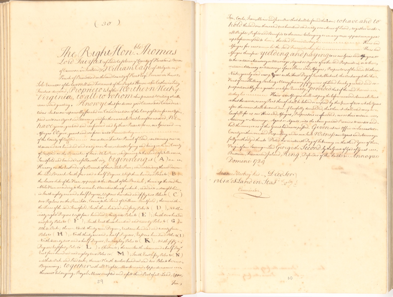 Two facing handwritten pages from a bound record book: a land grant beginning The Right Honble Thomas Lord Fairfax, with lettered survey corners A to N on the left page and the date and docket on the right