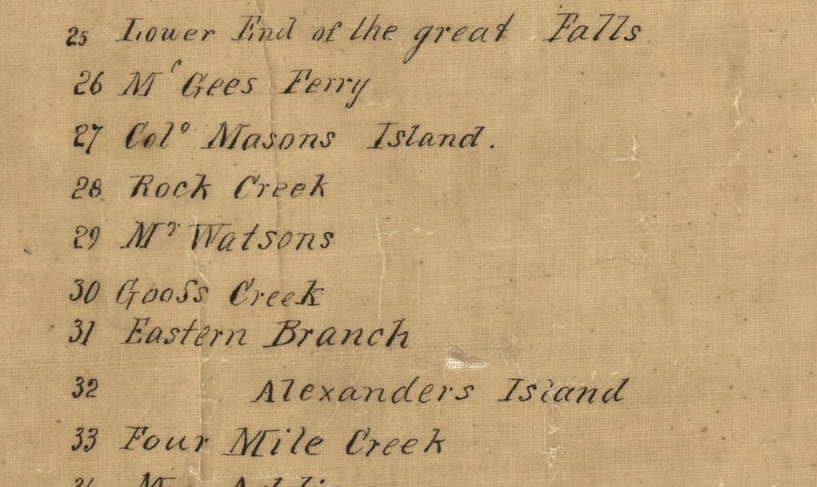 Handwritten map key: 25 Lower End of the great Falls, 26 Mr Gees Ferry, 27 Col. Masons Island, 28 Rock Creek, 29 Mr Watsons, 30 Gooss Creek, 31 Eastern Branch, 32 Alexanders Island, 33 Four Mile Creek