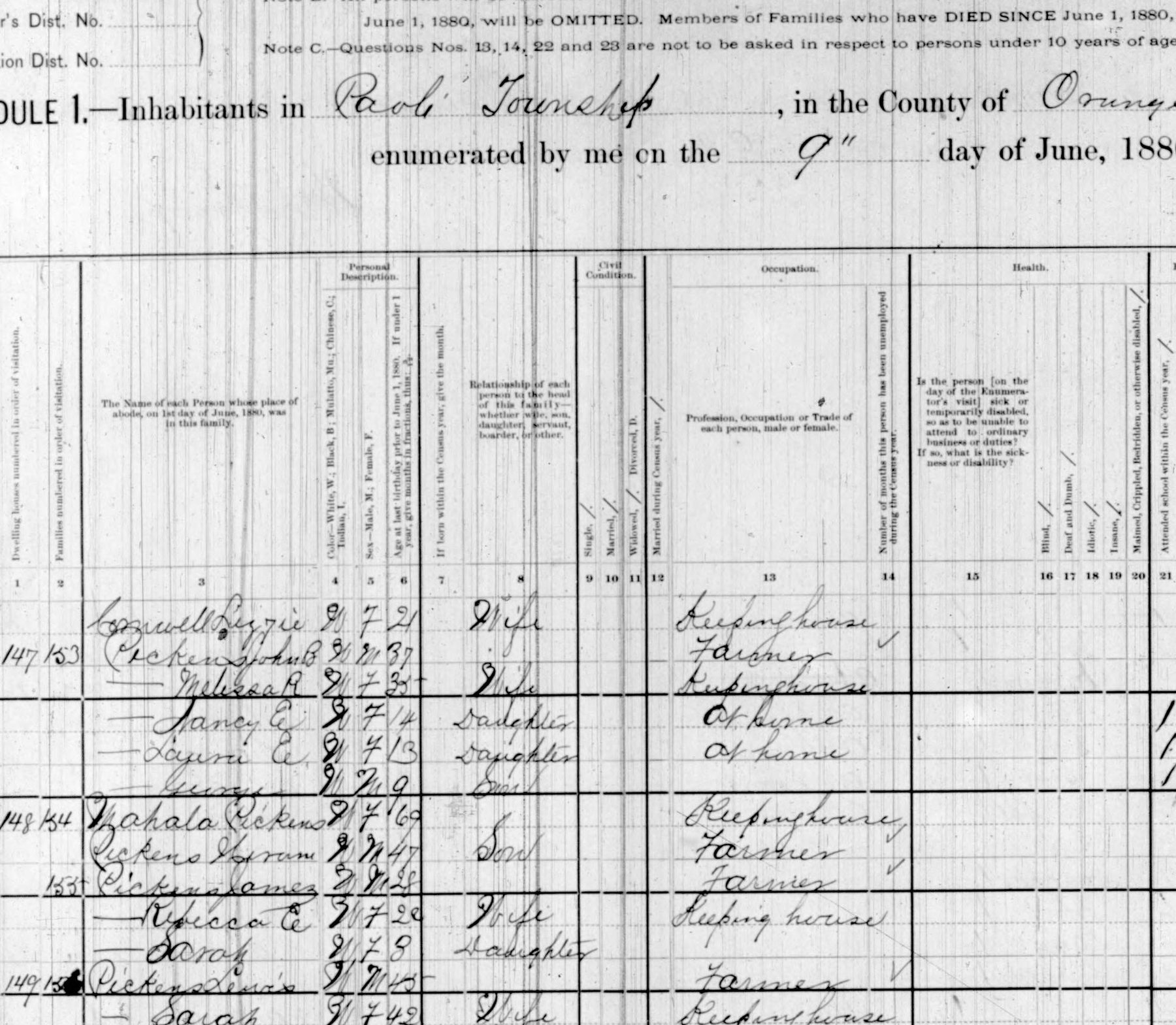 Microfilmed 1880 population schedule headed Schedule 1, Inhabitants in Paoli Township, in the County of Orange, enumerated on the 9th day of June, 1880, listing Pickens households in dwellings 147, 148 and 149, including a woman of 69 keeping house and her son, 47, a farmer, in dwelling 148, family 154