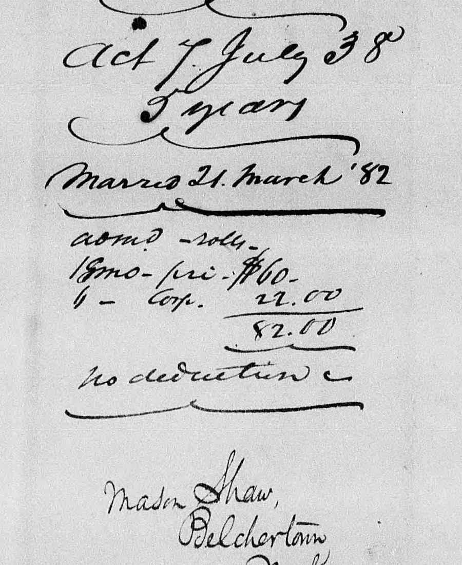 Handwritten docket notes: Act 7 July 38, 5 years, Married 21 March 82, admd rolls, 18 mo pri $60, 6 Corp 22.00, total 82.00, no deduction, and the name Mason Shaw, Belchertown.