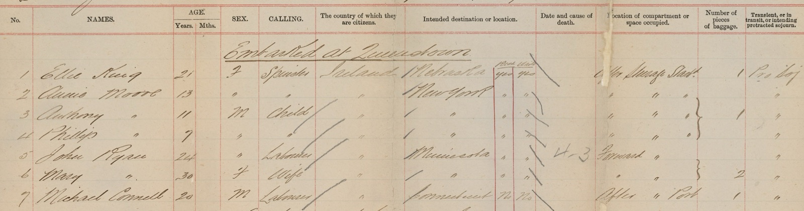 Handwritten ship's list under the heading Embarked at Queenstown. Line 1 a woman named King, 21, spinster, Ireland, Nebraska. Line 2 Annie Moore, 13, with ditto marks, New York. Lines 3 and 4 her two younger brothers, 11, child, and 7. Read and Write columns answered yes.